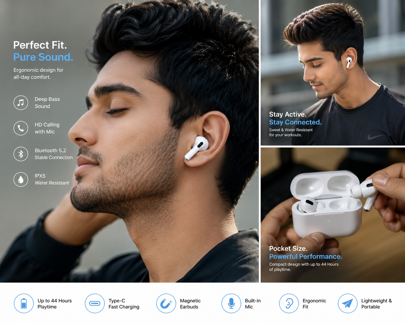 Premium Wireless Earbuds | 168 Hours Playtime | ENC HD Calling | Bluetooth 5.3 | Type-C Fast Charging | IPX5 Water Resistant | Touch Control | Wireless Earphones