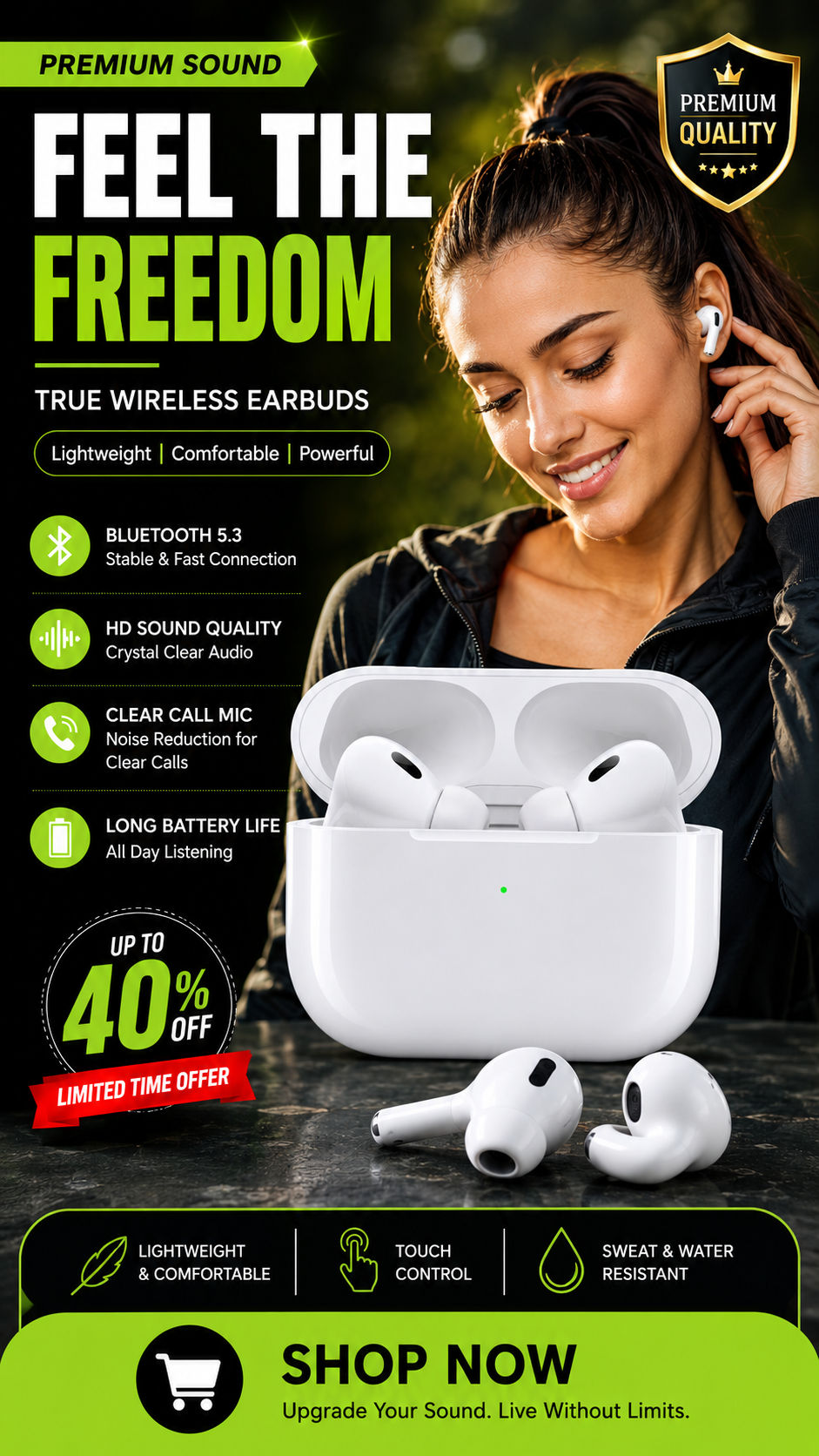 Premium True Wireless Bluetooth Earbuds 5.3 | HD Sound Quality | Touch Control | Long Battery Life | Sweat & Water Resistant