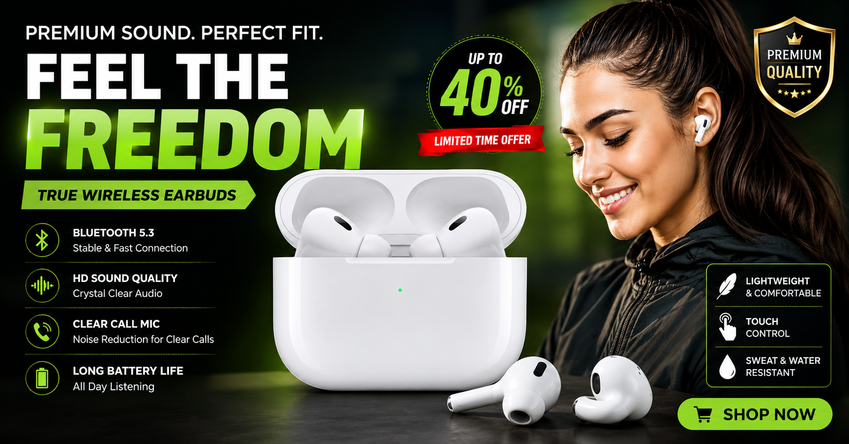 Premium True Wireless Bluetooth Earbuds 5.3 | HD Sound Quality | Touch Control | Long Battery Life | Sweat & Water Resistant