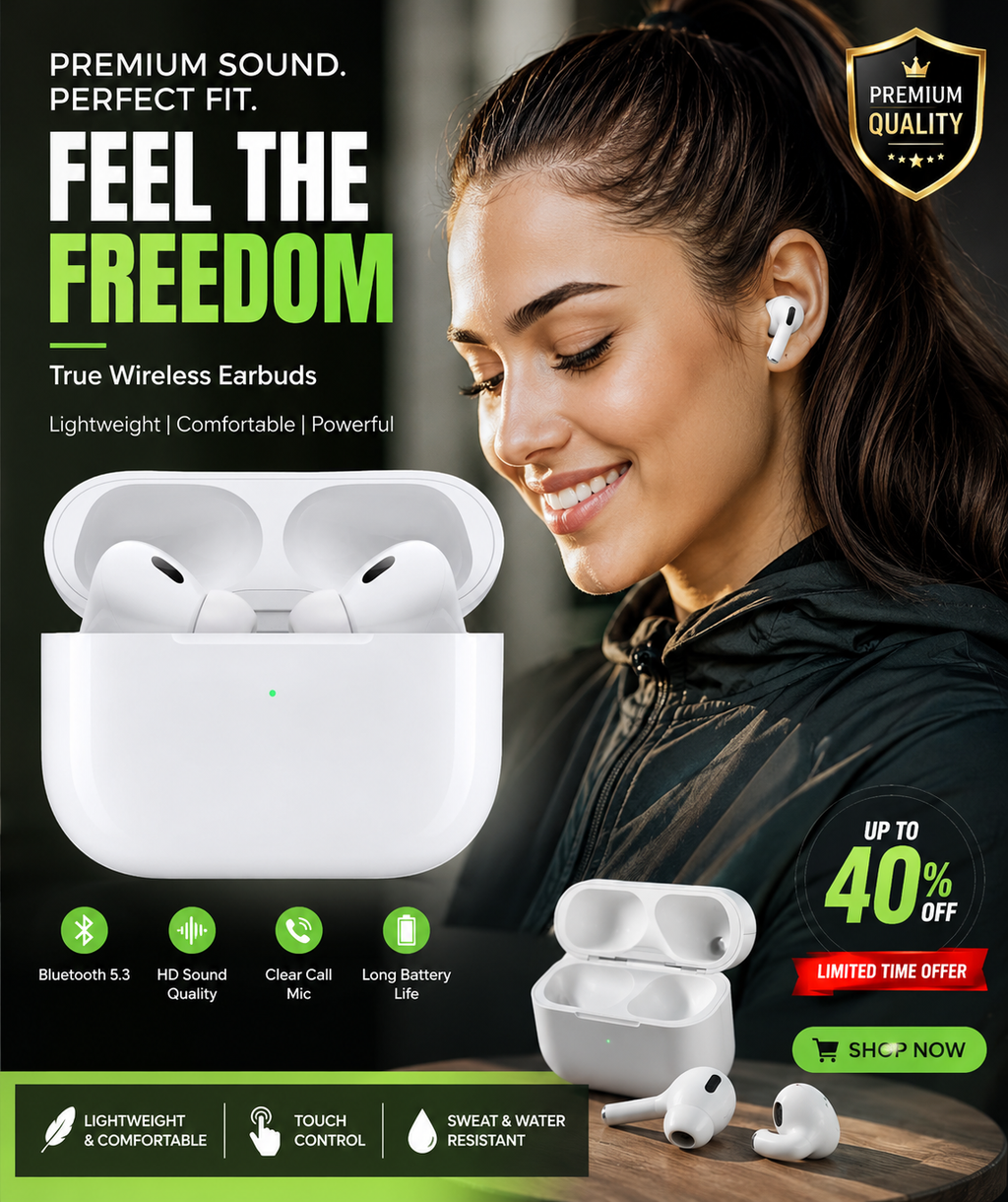 Premium True Wireless Bluetooth Earbuds 5.3 | HD Sound Quality | Touch Control | Long Battery Life | Sweat & Water Resistant