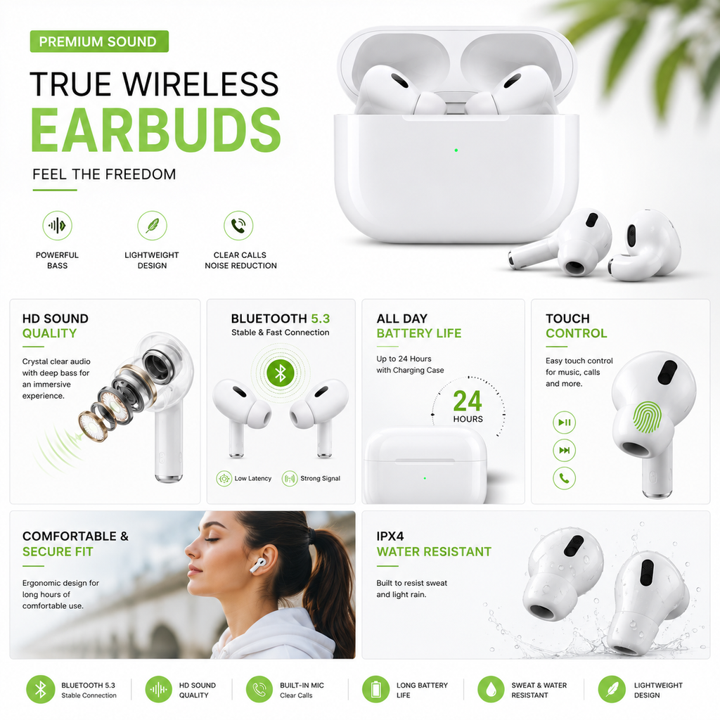 Premium True Wireless Bluetooth Earbuds 5.3 | HD Sound Quality | Touch Control | Long Battery Life | Sweat & Water Resistant