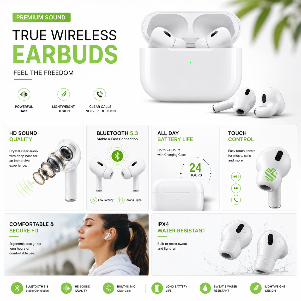 Premium True Wireless Bluetooth Earbuds 5.3 | HD Sound Quality | Touch Control | Long Battery Life | Sweat & Water Resistant