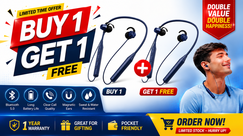 Wireless Bluetooth Neckband Earphones | 320 Hours Playtime | Deep Bass | Fast Charging | Magnetic Earbuds | Buy 1 Get 1 FREE