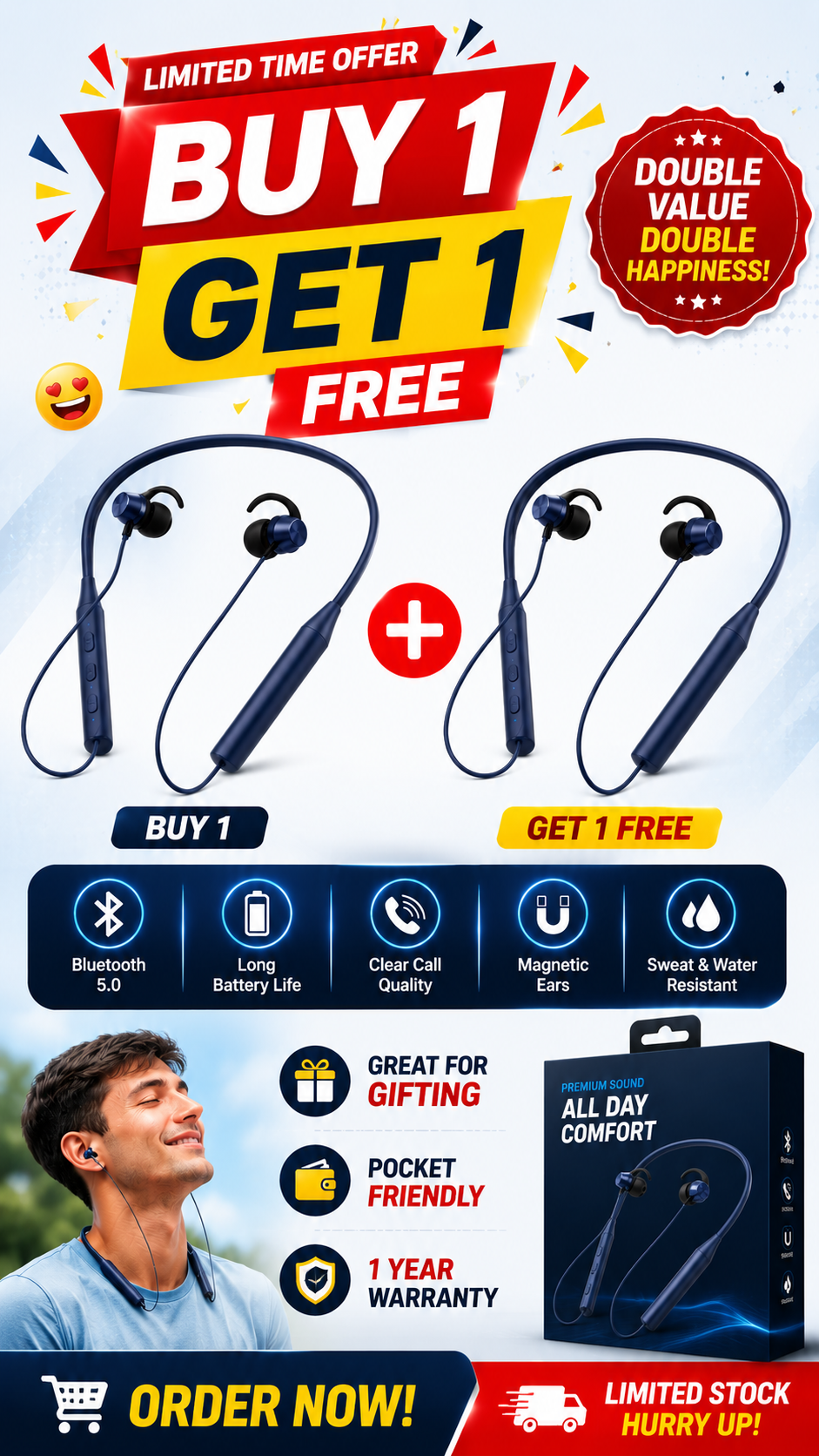 Wireless Bluetooth Neckband Earphones | 320 Hours Playtime | Deep Bass | Fast Charging | Magnetic Earbuds | Buy 1 Get 1 FREE