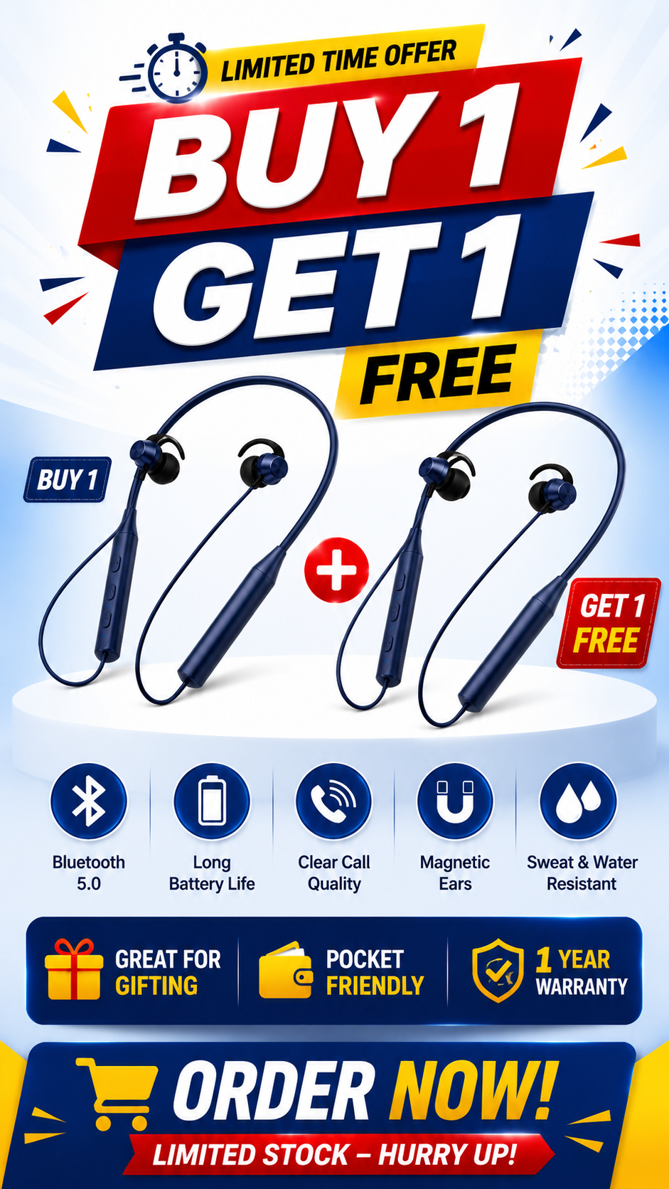 Wireless Bluetooth Neckband Earphones | 320 Hours Playtime | Deep Bass | Fast Charging | Magnetic Earbuds | Buy 1 Get 1 FREE