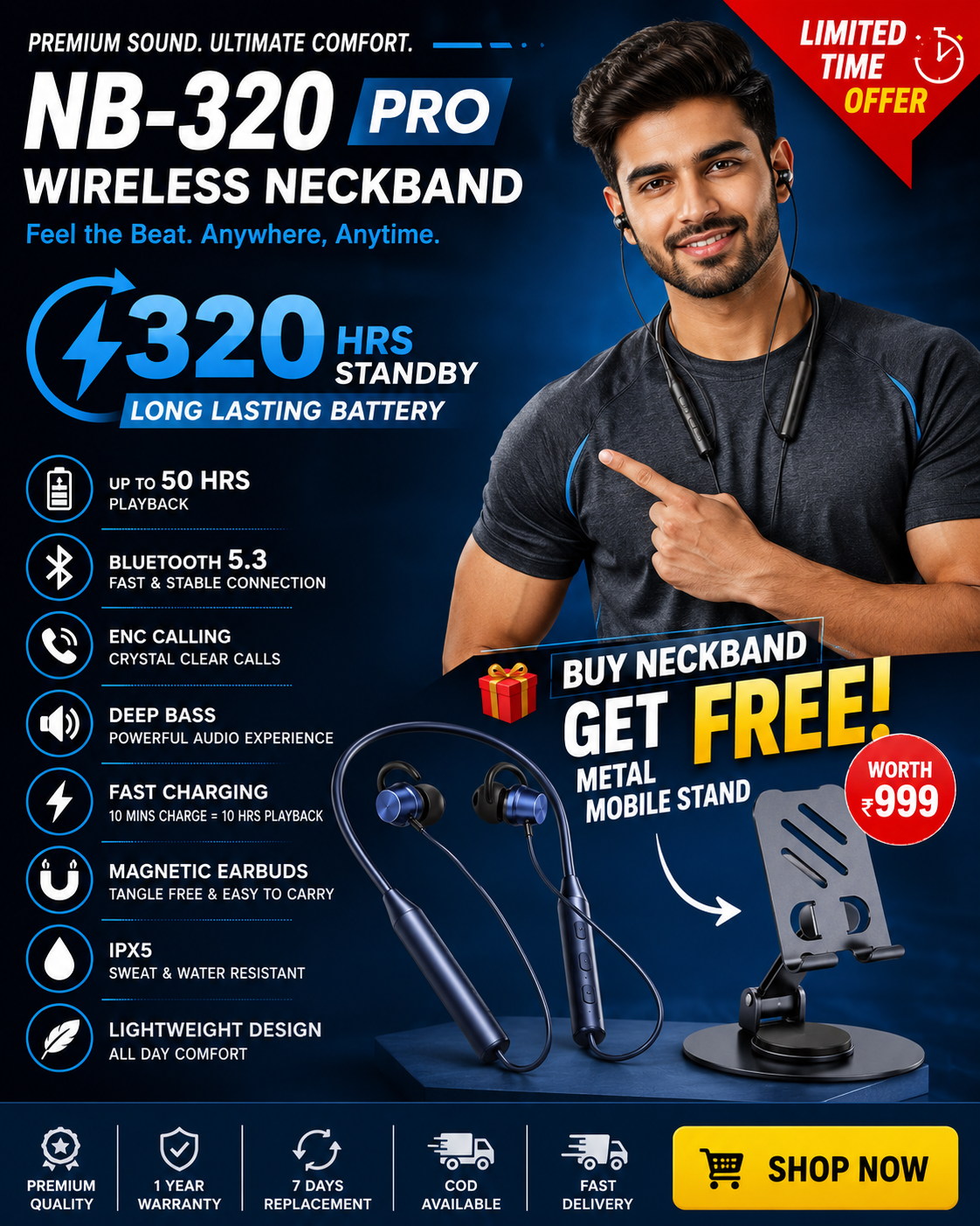NB-320 Pro Wireless Bluetooth Neckband Earphones with FREE Metal Mobile Stand | 320Hrs Standby | Deep Bass | Fast Charging | ENC Calling