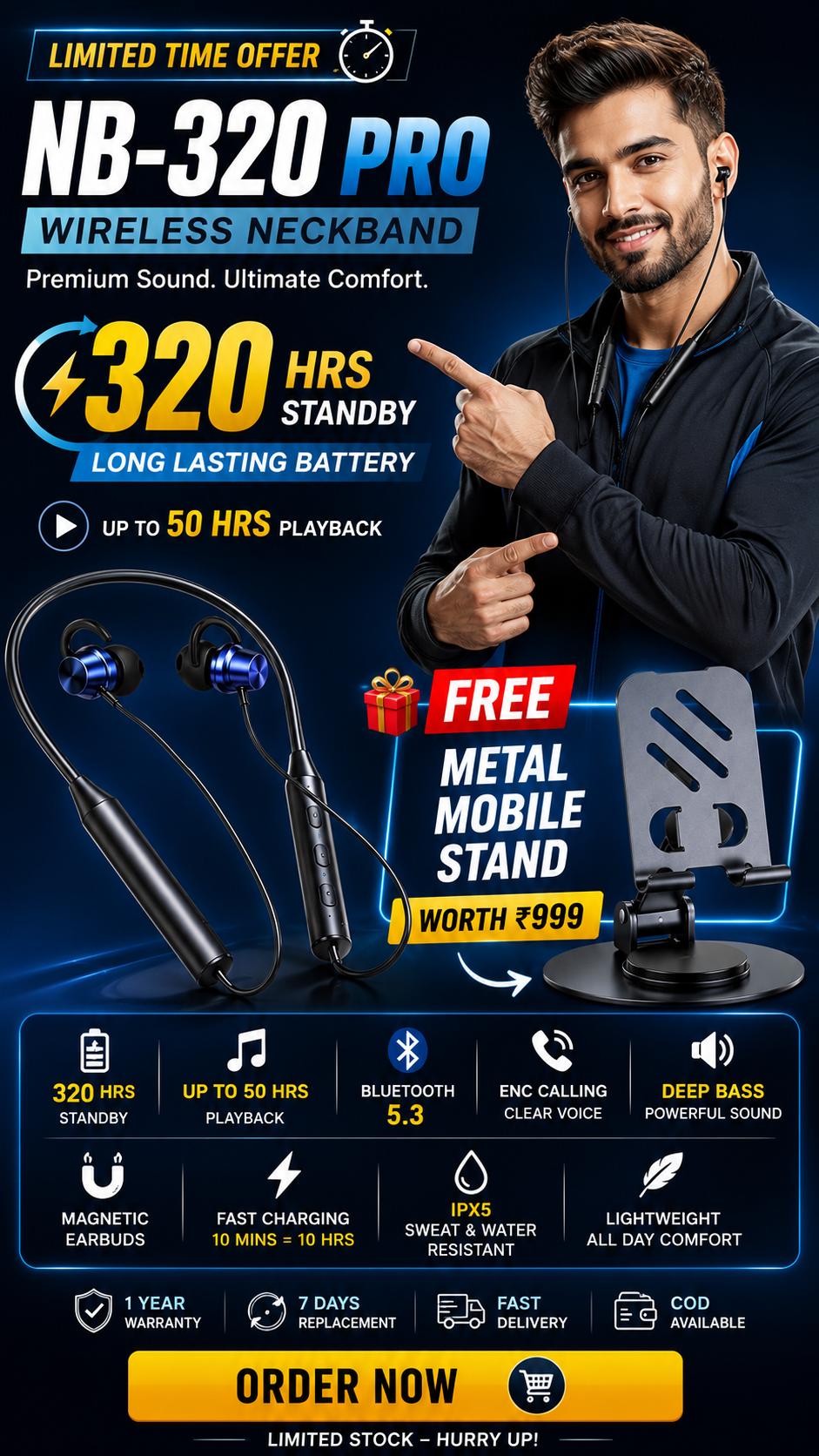 NB-320 Pro Wireless Bluetooth Neckband Earphones with FREE Metal Mobile Stand | 320Hrs Standby | Deep Bass | Fast Charging | ENC Calling
