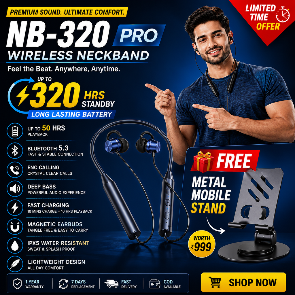 NB-320 Pro Wireless Bluetooth Neckband Earphones with FREE Metal Mobile Stand | 320Hrs Standby | Deep Bass | Fast Charging | ENC Calling
