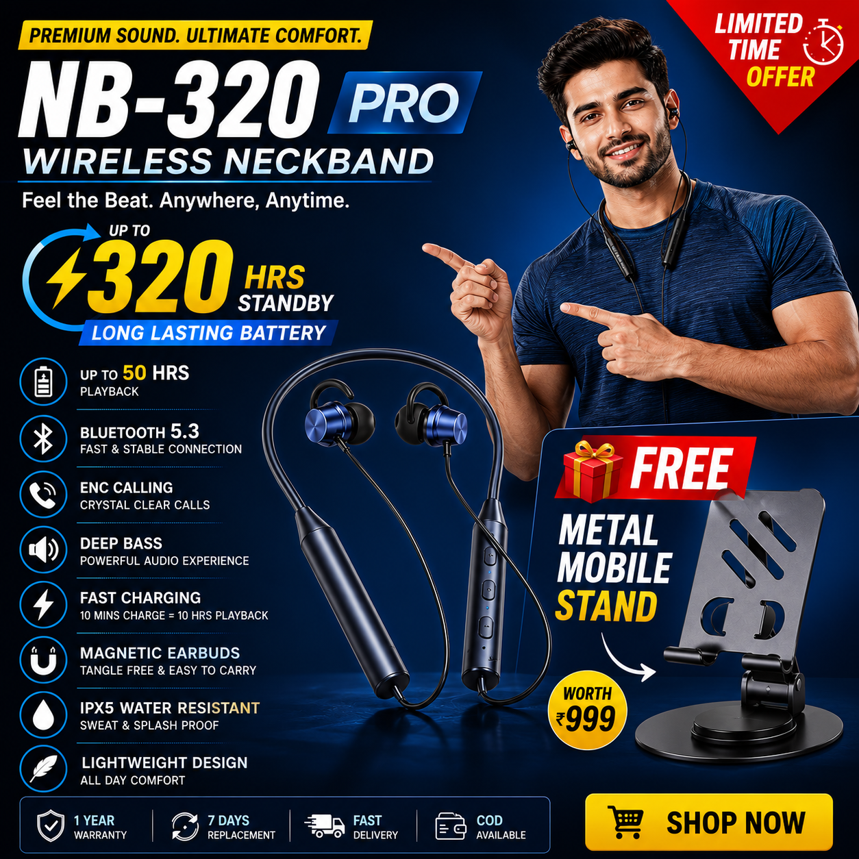 NB-320 Pro Wireless Bluetooth Neckband Earphones with FREE Metal Mobile Stand | 320Hrs Standby | Deep Bass | Fast Charging | ENC Calling