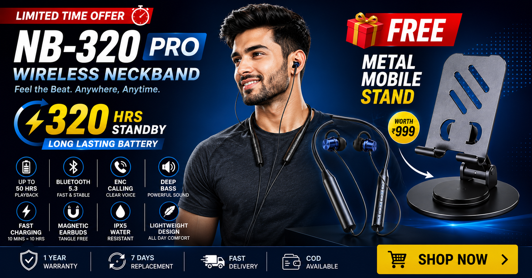 NB-320 Pro Wireless Bluetooth Neckband Earphones with FREE Metal Mobile Stand | 320Hrs Standby | Deep Bass | Fast Charging | ENC Calling