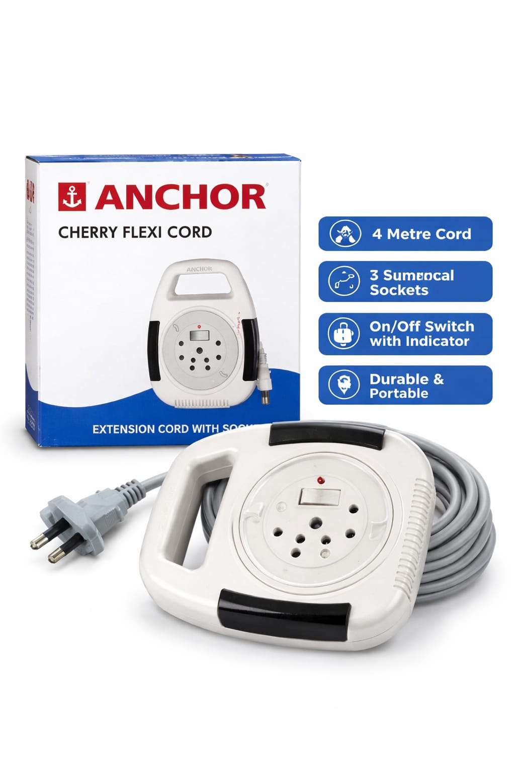 Anchor Cherry Flexi Cord 4 Meter Extension Board | 3 Socket Universal Extension Reel | 6A 240V | On/Off Switch with Indicator | Heavy Duty Wire