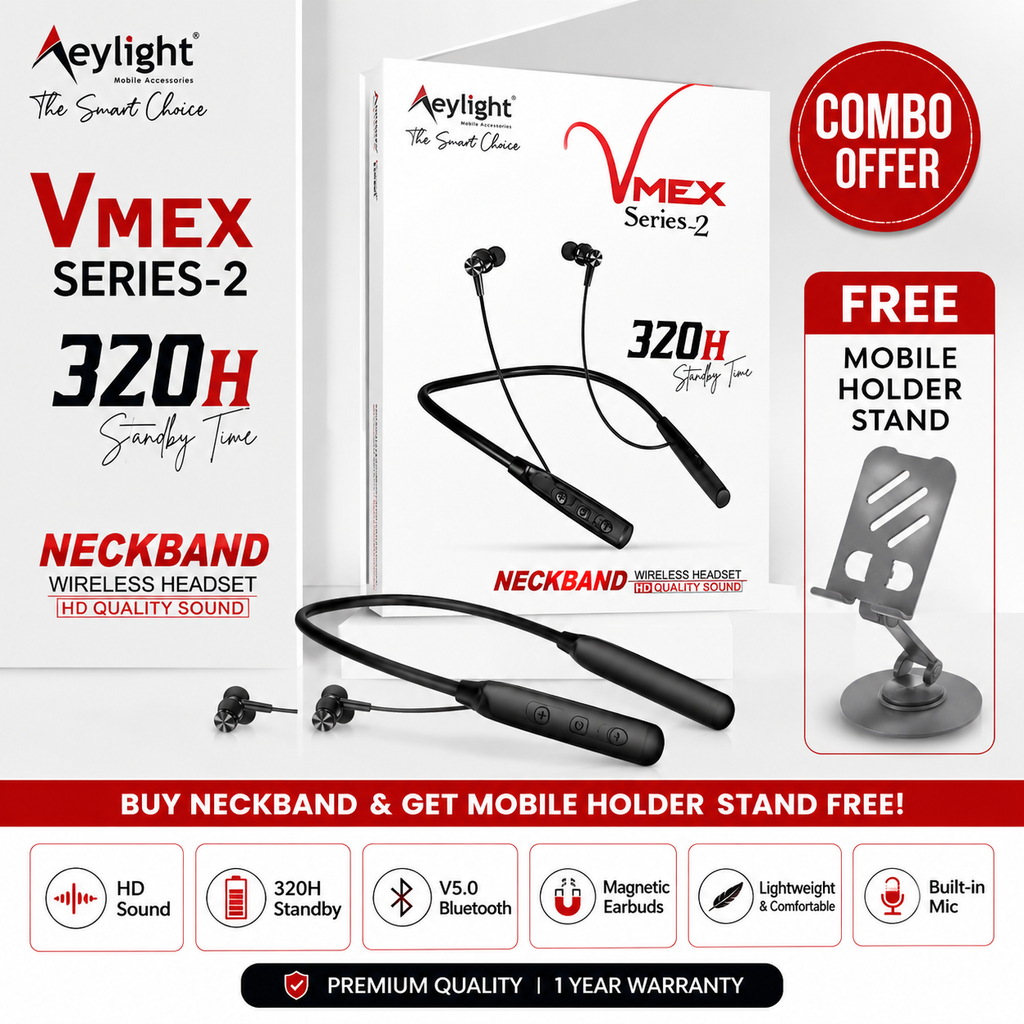 Bluetooth Neckband Wireless Headset + Free Metal Mobile Holder Stand | 320H Standby Time | HD Sound | Magnetic Earbuds | Built-in Mic
