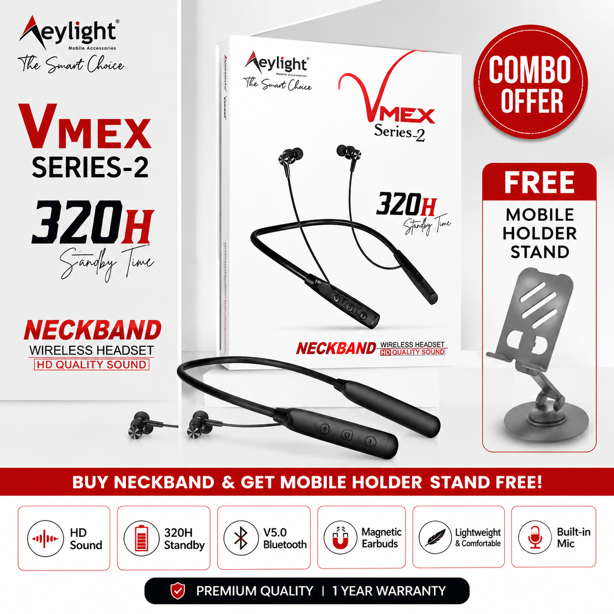 Bluetooth Neckband Wireless Headset + Free Metal Mobile Holder Stand | 320H Standby Time | HD Sound | Magnetic Earbuds | Built-in Mic
