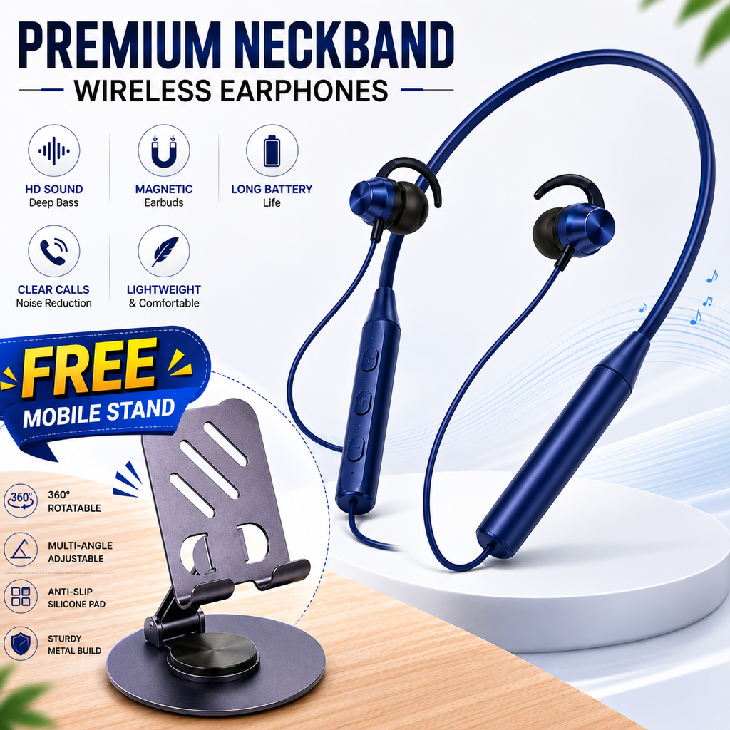Premium Wireless Bluetooth Neckband Earphones with FREE Metal Mobile Stand | HD Sound | Long Battery | Magnetic Earbuds