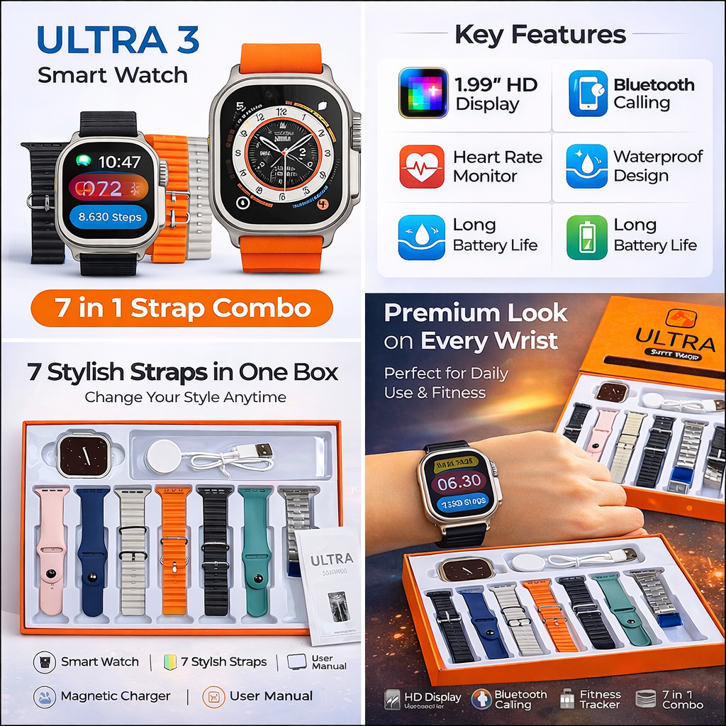 ULTRA 3 Smart Watch with 7 in 1 Strap Combo | 1.99” HD Display | Bluetooth Calling | Fitness Tracker | Waterproof Smartwatch for Men & Women