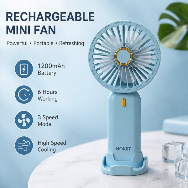 Rechargeable Mini Fan | 1200mAh Battery | Portable USB Fan | 3 Speed Modes | 6 Hours Backup | Handheld Cooling Fan