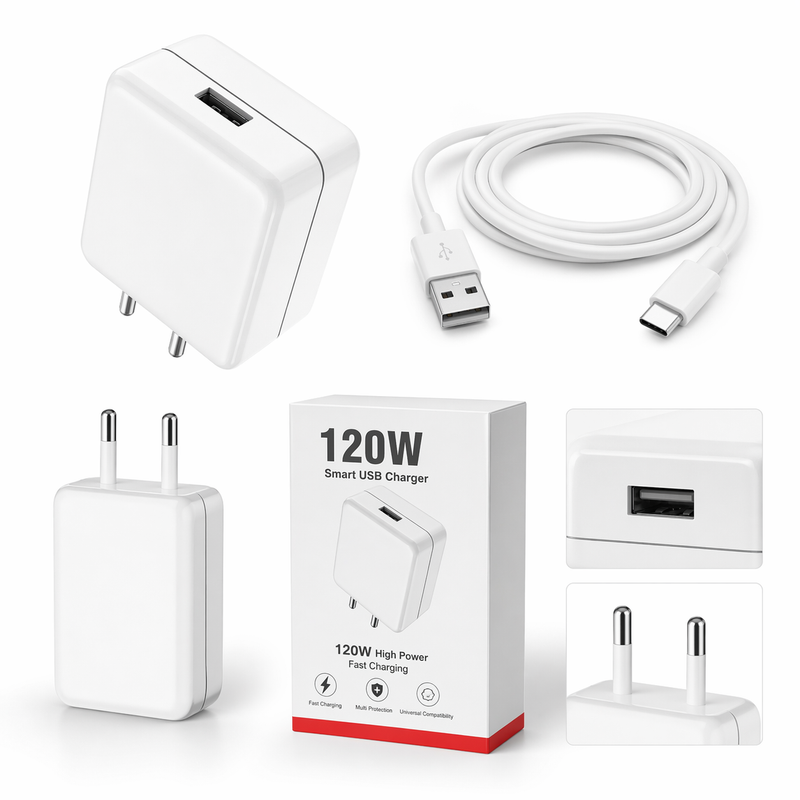 120W Fast Charging USB Power Adapter with Type-C Cable | Super Fast Charger for Smartphones