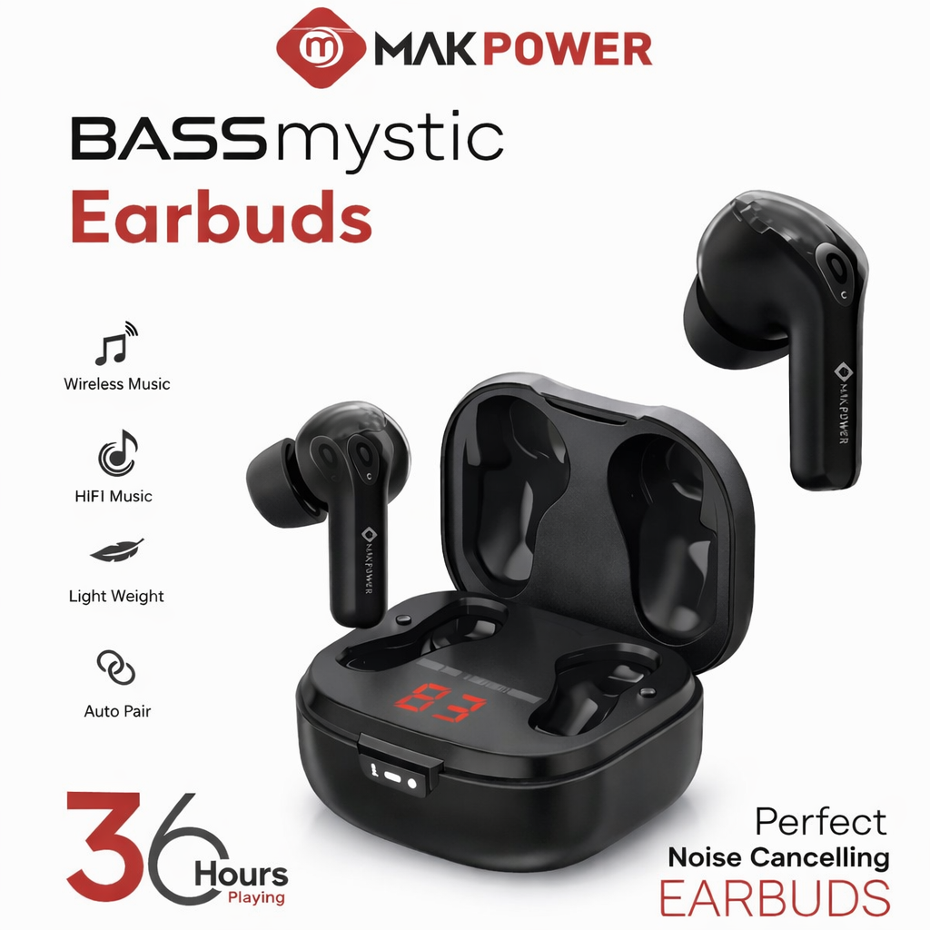 MAKPOWER Bass Mystic TWS Earbuds | 36H Playtime | LED Display Charging Case | HiFi Sound | Auto Pairing | Lightweight Wireless Earbuds