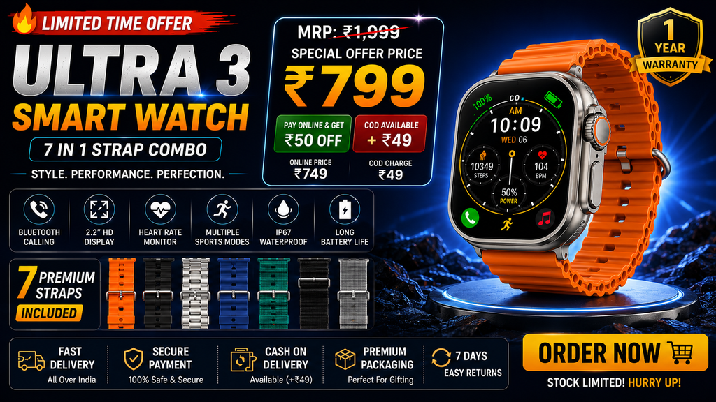 Ultra 3 Smart Watch with 7 Straps | 2.3” Big AMOLED Display | Wireless Charging | Premium Combo Pack