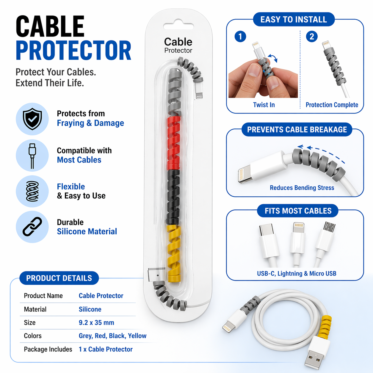 Universal Spiral Cable Protector – Silicone Charger Wire Saver (Multi-Color)