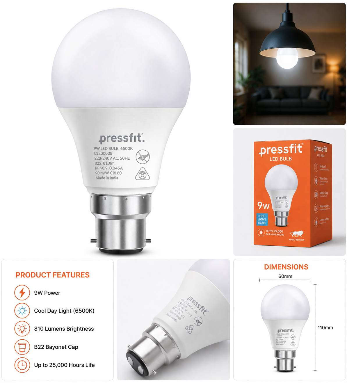 Pressfit Avira 9W LED Bulb | 6500K Cool Day Light | 810 Lumens | B22 Base | Energy Efficient Long-Life LED