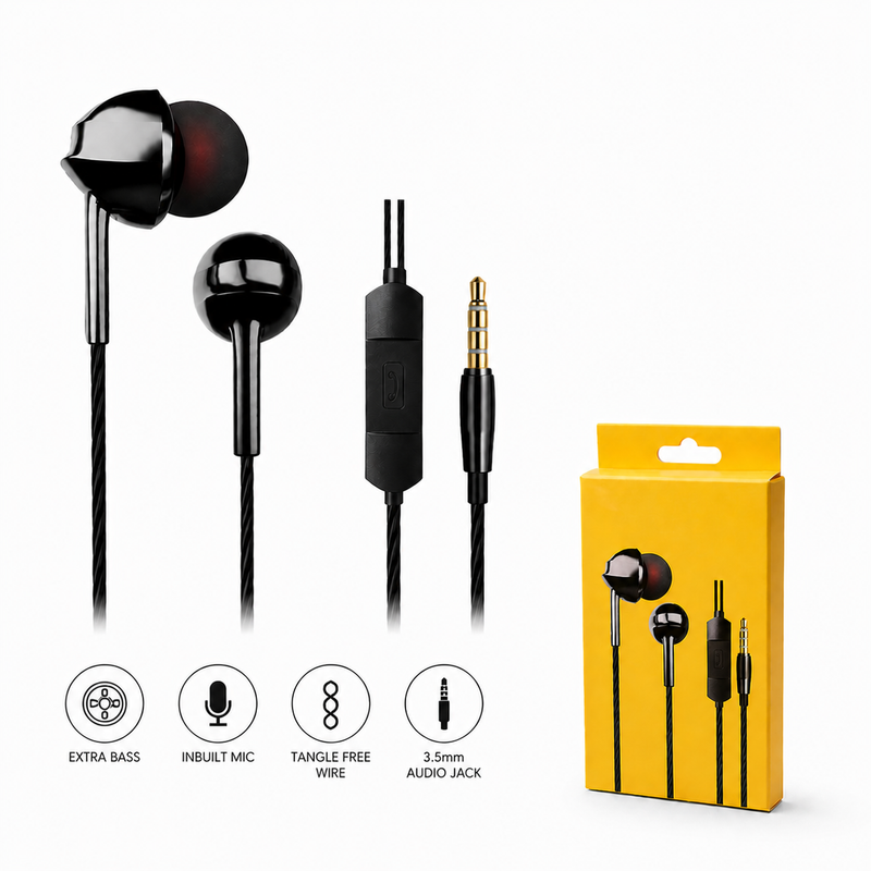 Premium Wired Earbuds with Inbuilt Mic | Deep Bass | Tangle-Free Cable | 3.5mm Audio Jack