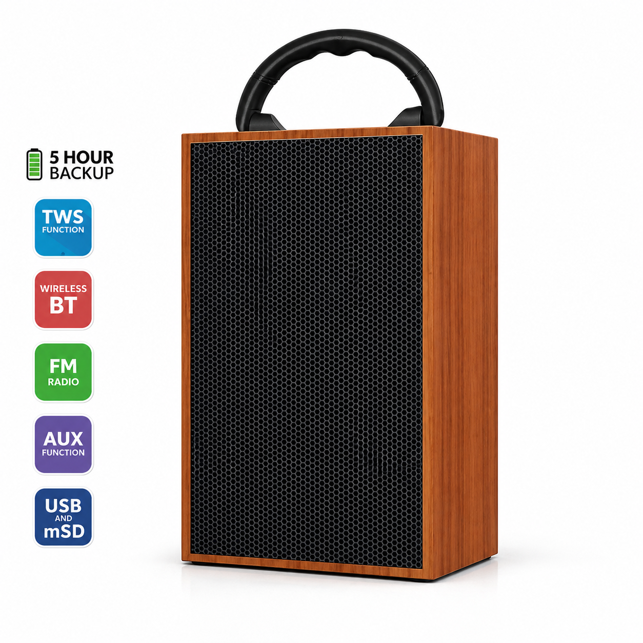 Portable Wooden Bluetooth Speaker with FM, AUX, USB & TWS Support