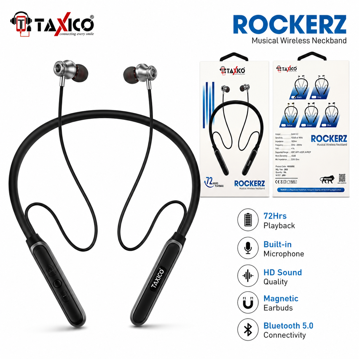 Wireless Neckband Earphones with 72 Hours Playback | Bluetooth 5.0 | Magnetic Earbuds | HD Sound | Built-in Mic
