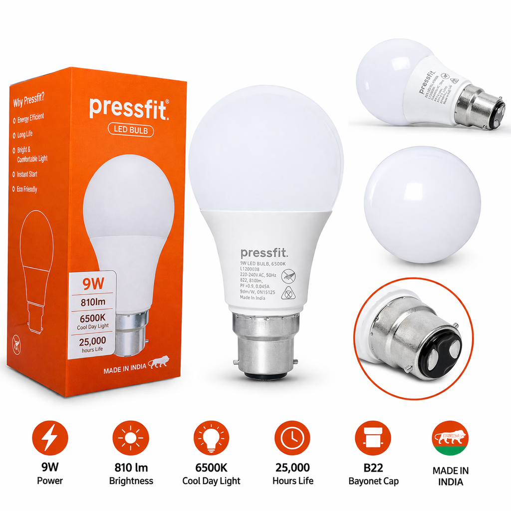 Pressfit Avira 9W LED Bulb | 6500K Cool Day Light | 810 Lumens | B22 Base | Energy Efficient Long-Life LED