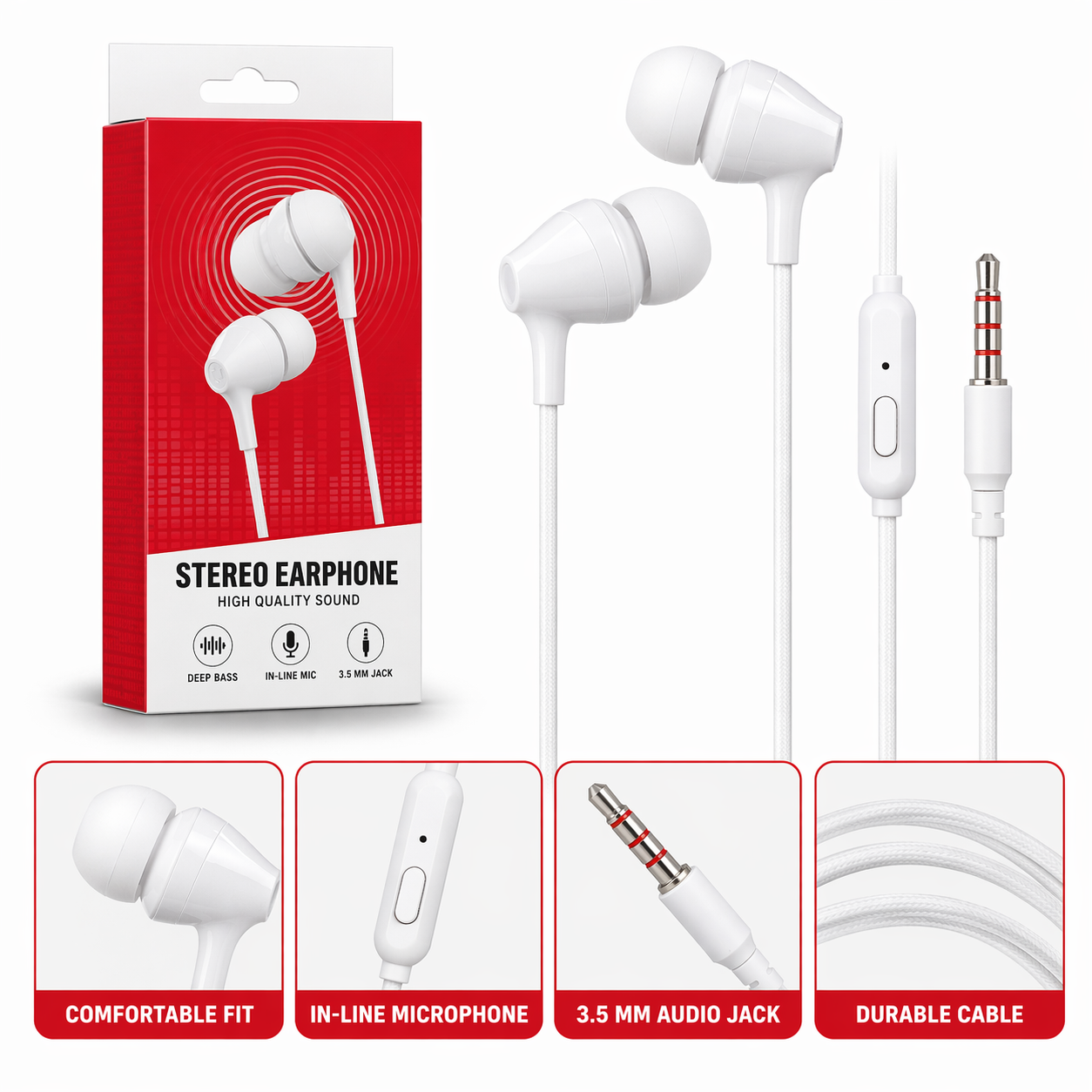 Wired Stereo Earphones with Mic | 3.5mm Jack | Deep Bass | Comfortable In-Ear Headphones