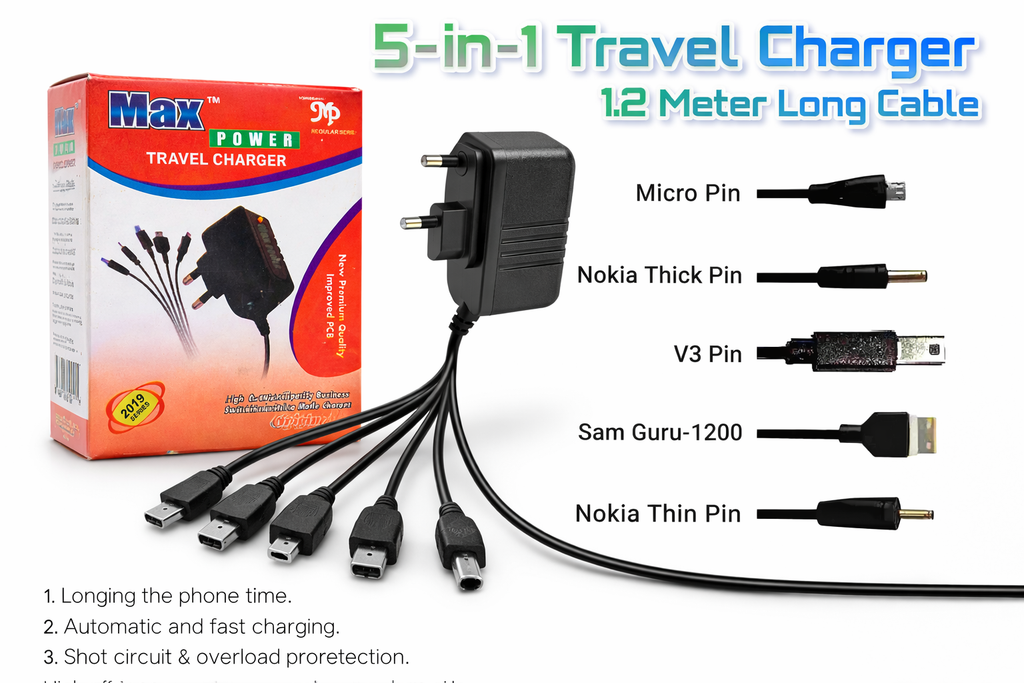 Max Power 5-in-1 Multi Pin Travel Charger – Fast Charging, Multi-Device Compatible, High Efficiency