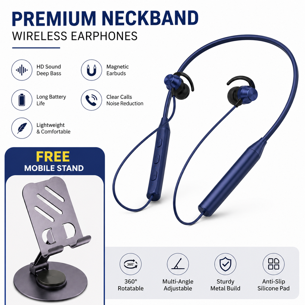 Premium Wireless Bluetooth Neckband Earphones with FREE Metal Mobile Stand | HD Sound | Long Battery | Magnetic Earbuds