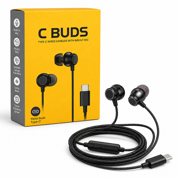 Type-C Wired Earbuds with Mic | Metal Bass Earphones | Noise Isolation | Tangle-Free Cable